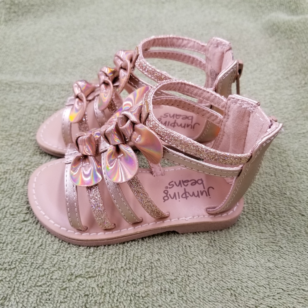 Jumping Beans New Little Girls Rose Gold Strappy Sandals Bows on Top Size 5